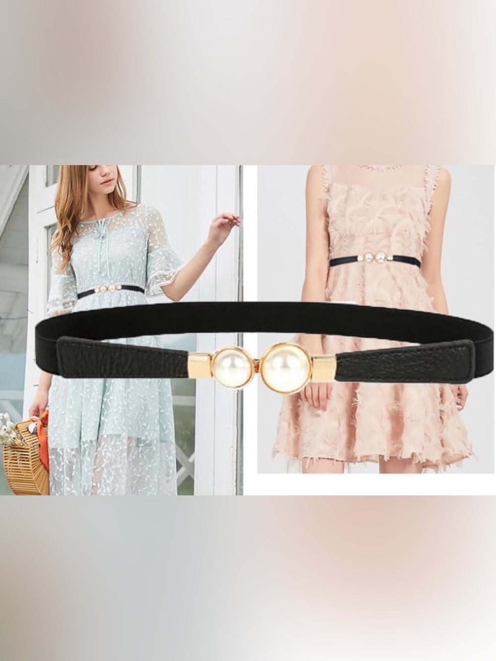 Double Pearl Skinny Elastic Waist Belt - Black Gold Minimalist - Fits S - L - Picture 3 of 8